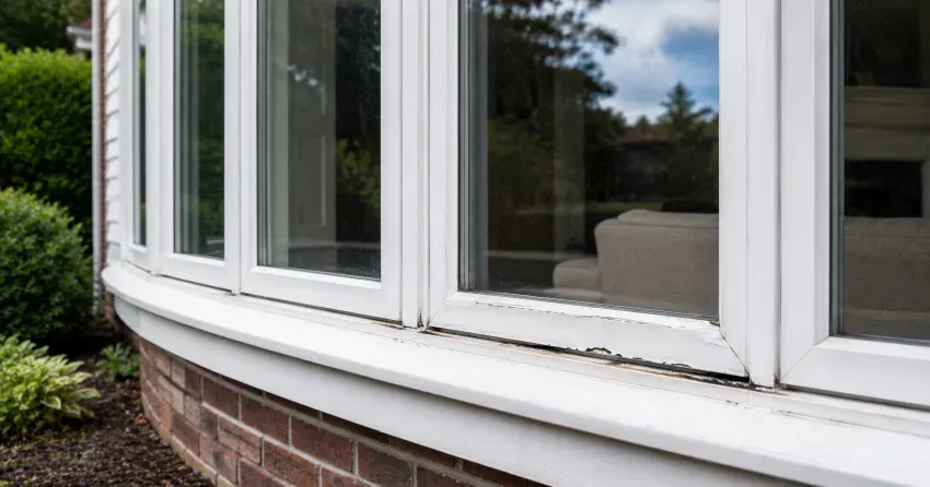 technician inspecting bow window frame and seal for damage in Vaughan
