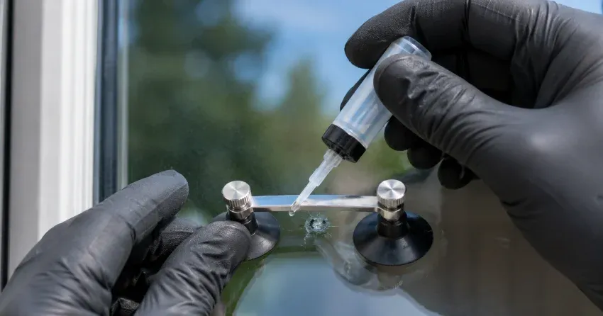 technician performing chipped glass repair on a window in Neighborhood, Vaughan