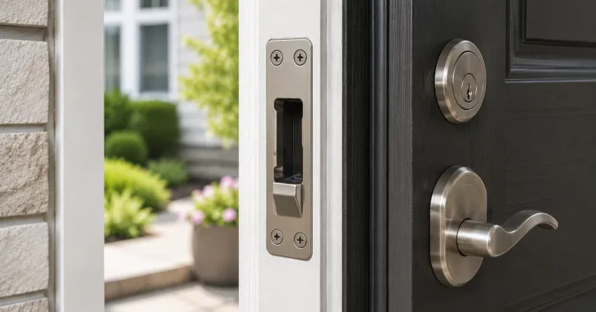 technician repairing a split door jamb near the strike plate in Kleinburg, Vaughan