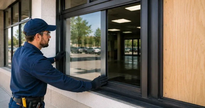 technician boarding a broken window after a break-in in Neighborhood, Vaughan