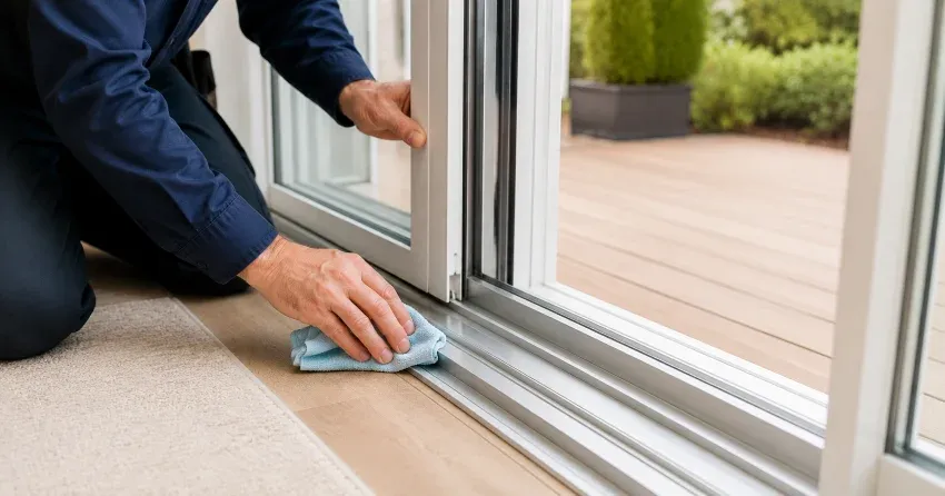 technician inspecting a sliding patio door track in Sonoma Heights, Vaughan