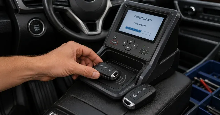 technician cloning a transponder chip key in Patterson, Vaughan