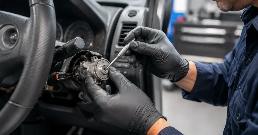 technician diagnosing an ignition lock repair issue in Lakeview Estates, Vaughan