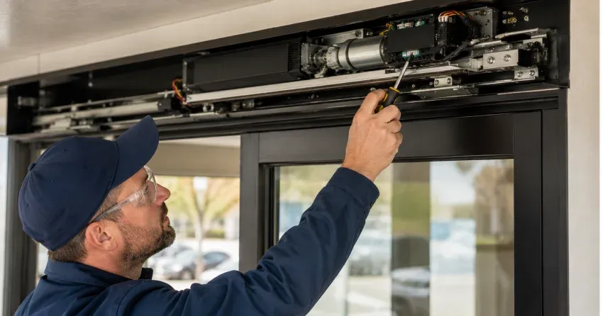 technician completing automatic door repair on residential property in Pine Valley, Vaughan