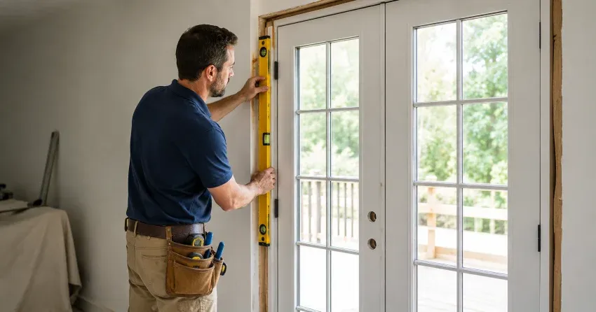 newly installed French doors with divided glass panes in Elder Mills, Vaughan