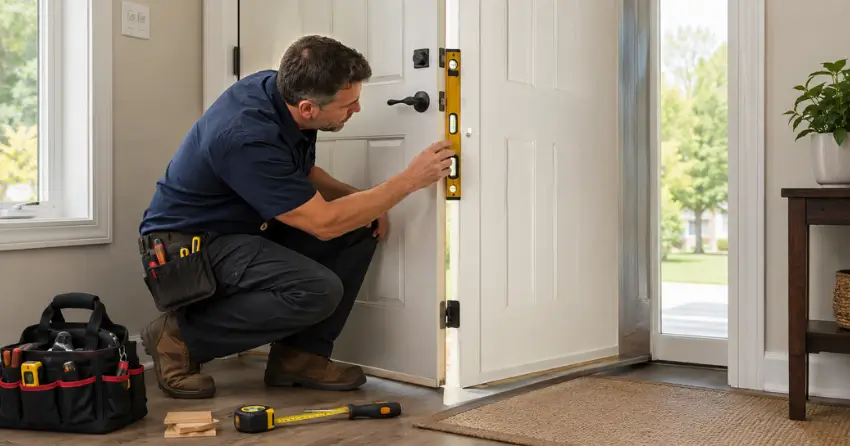 technician diagnosing a misaligned door frame in Islington Woods, Vaughan