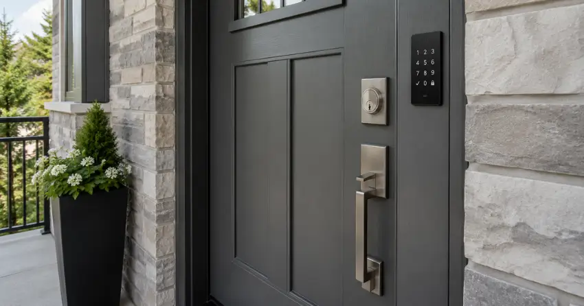 High-security door hardware and access control keypad installed on a residential entry door in Vaughan
