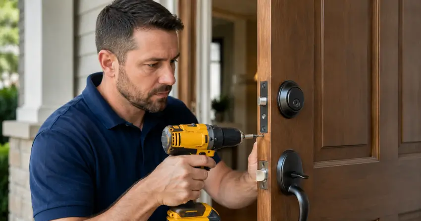 technician installing a new deadbolt during Change Door Lock Patterson, Vaughan service
