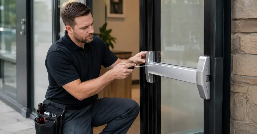 commercial locksmith repairing exit device on storefront door Uplands, Vaughan