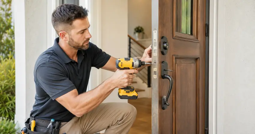 locksmith installing new deadbolt lock on front door in Vaughan