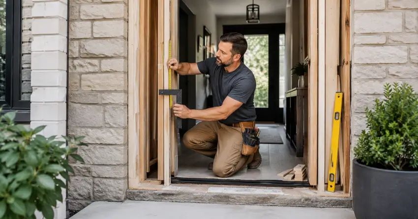 exterior door installer assessing rough opening in Lakeview Estates, Vaughan