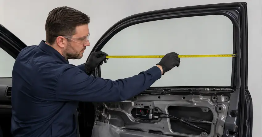technician measuring door glass opening for replacement in Uplands, Vaughan
