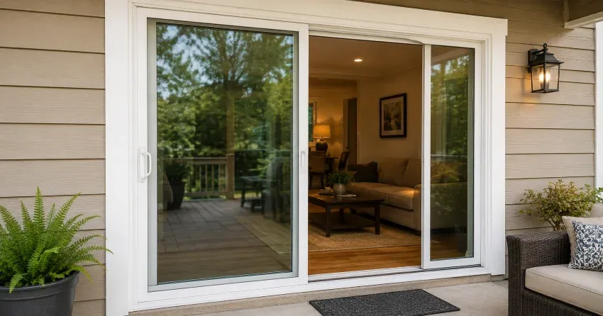 Patio Door Installation technician setting a new frame in Woodbridge, Vaughan
