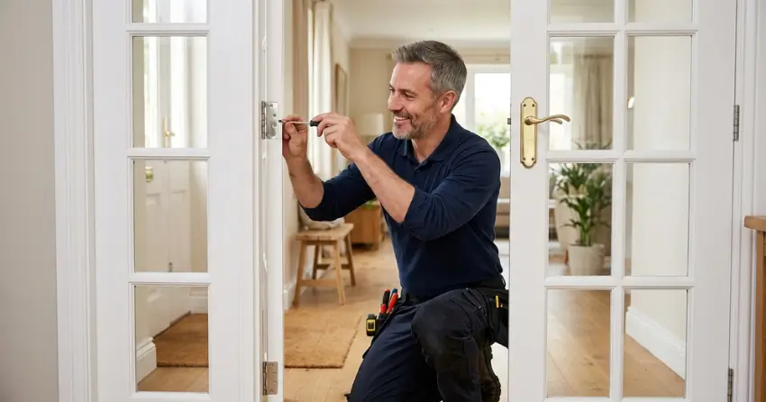 technician adjusting French door hinge for proper alignment in Elder Mills, Vaughan