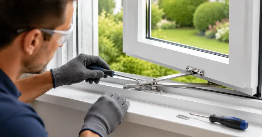 automatic door technician inspecting sensor and control panel in Concord, Vaughan