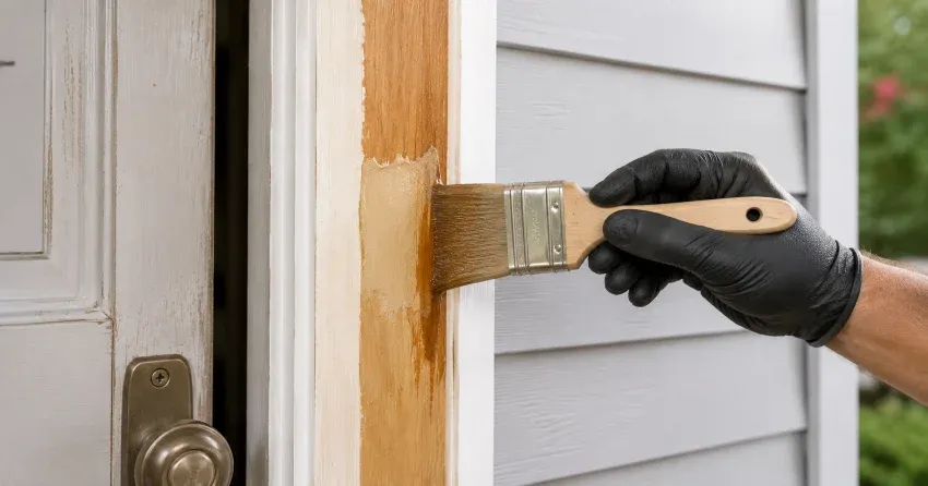 technician probing rotted wood on a door frame in Lakeview Estates, Vaughan