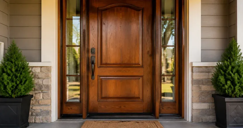 wood door mid-restoration showing stripped bare wood in Maple, Vaughan