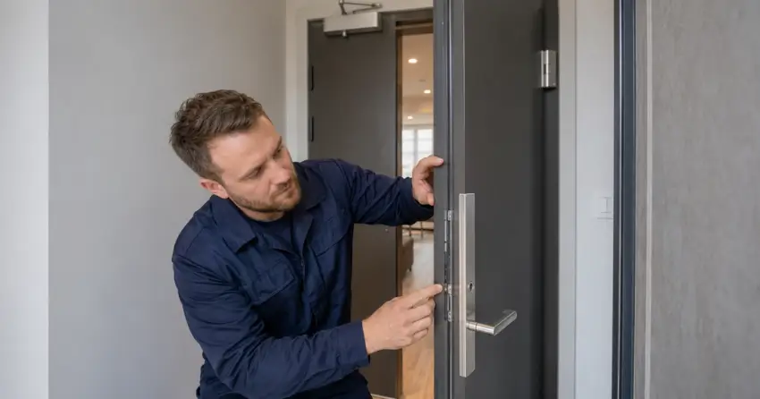 technician inspecting fire-rated door seal and hardware in Sonoma Heights, Vaughan