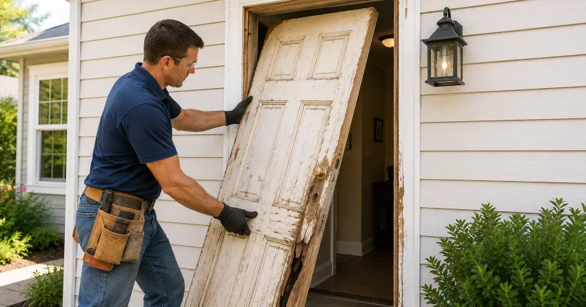 warped exterior door frame showing weather damage in Vaughan